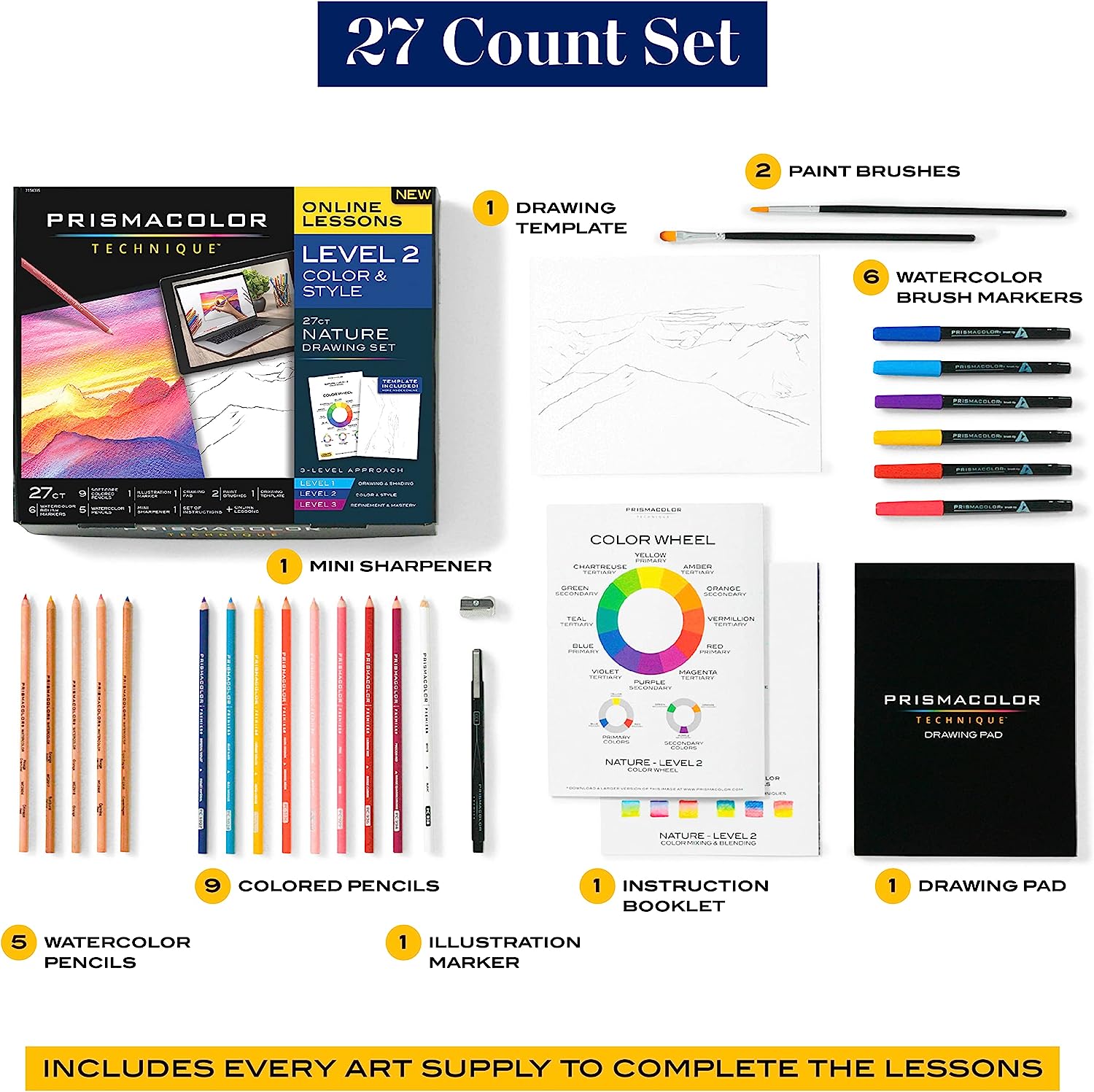 Prismacolor Technique, Art Supplies and Digital Art Lessons, Nature Drawing Set, Level 2, Includes Colored / Watercolor Pencils, Brush Markers, and More, Sunset Landscape Drawing, 27 Ct - Image 4